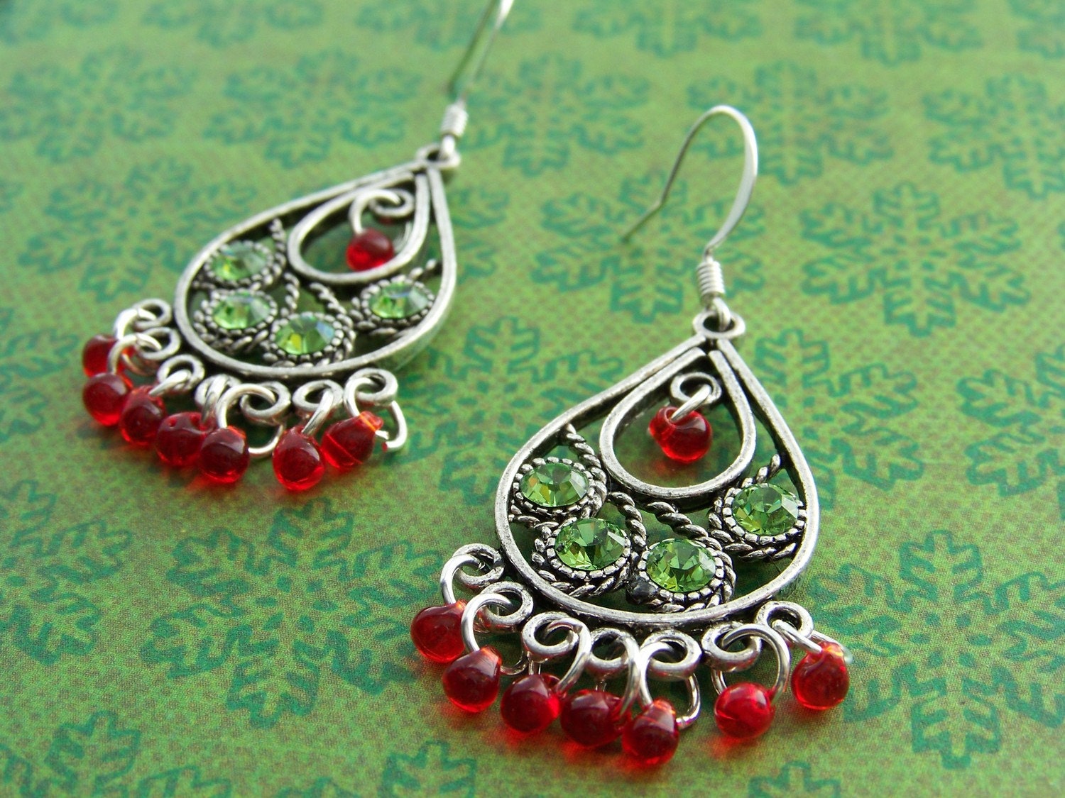 earrings FRINGE chandelier style with green crystal and red glass beads Christmas - FREE SHIPPING