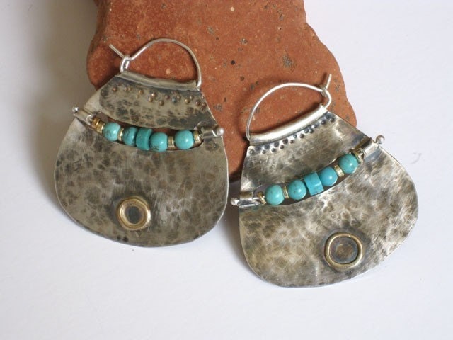 Large Silver Hoop earrings with Turquoise Beads, handmade jewelry design