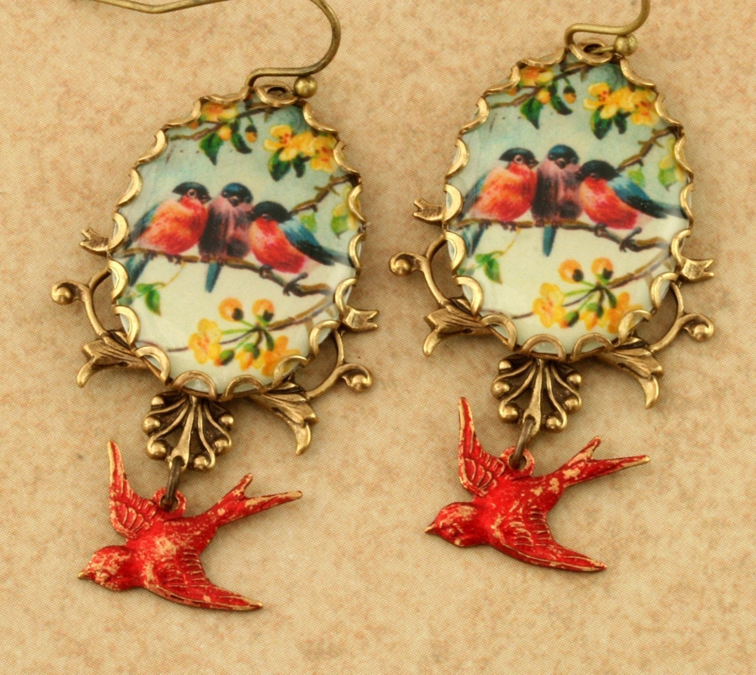 Red Robin Earrings Bird Earrings Brass Filigree Earrings Flower Branch Vintage Style Altered Art