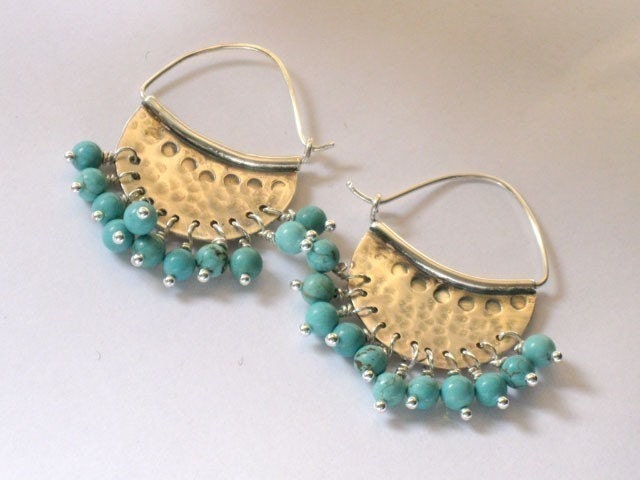 Crescent hoop earrings with turquoise beads - Handmade sterling silver jewelry