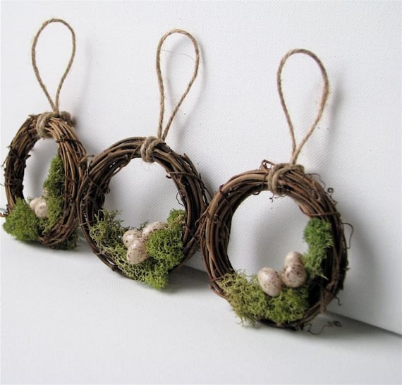 Woodland Mossy Bird Nest Wreath Ornaments, Set of 3