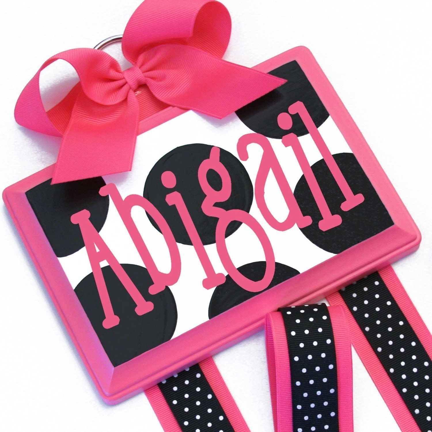 Hot Pink & Black Jumbo Dots Hand-Painted Hair Bow Holder-personalized, dots, bow, hair, holder, accessories