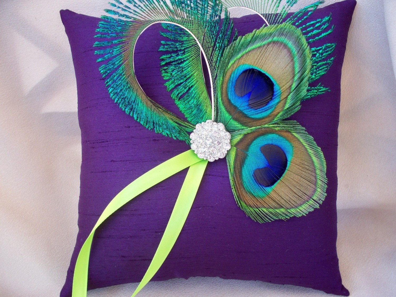 Peacock Feather Dark Purple Lime Green Rhinestone Accent Bridal Wedding Ring