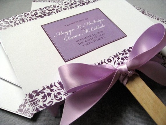 Damask and Ribbon Custom Fan Wedding Program Shown in Purple and White