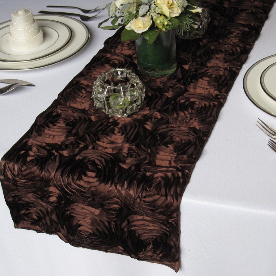 Satin Rosette Wedding Table Runner - Brown