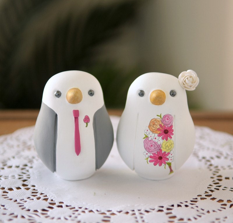 Custom Wedding Cake Topper - Medium Hand Painted Love Birds with Painted Bouquet