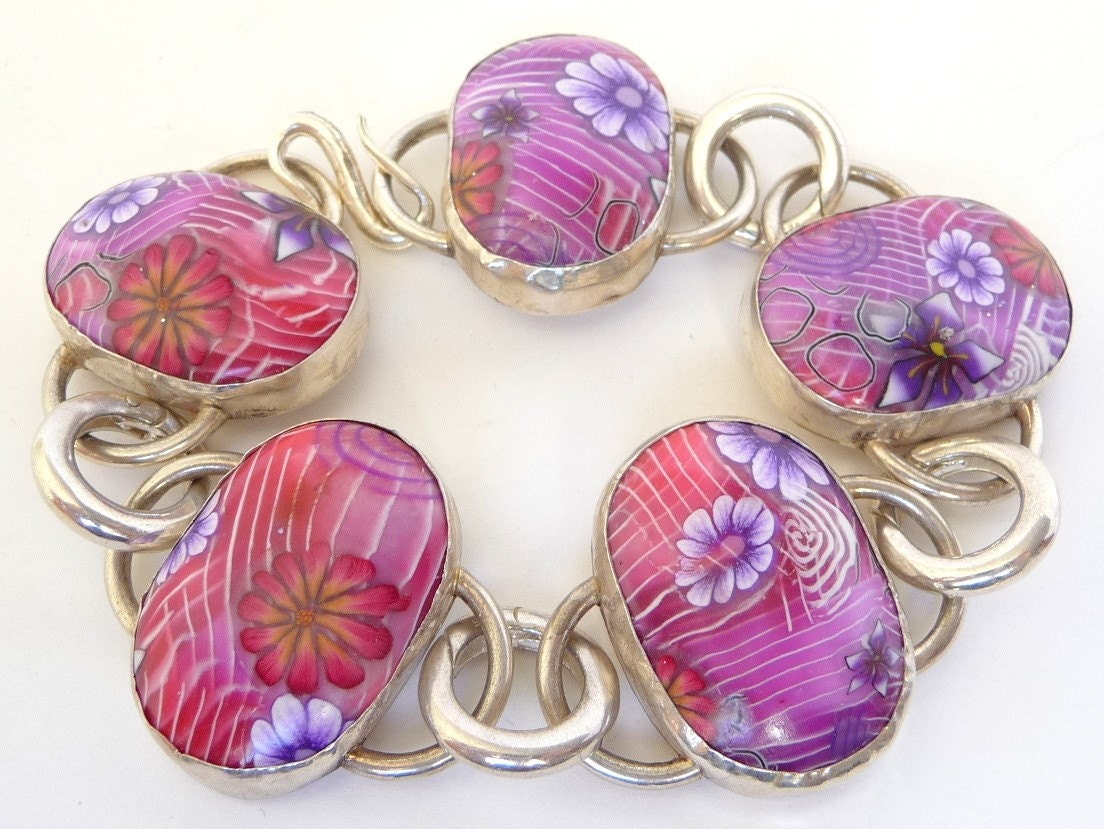 Sterling Silver Flower Bracelet : Polymer Clay Pink Purple