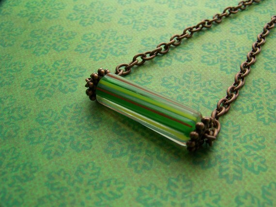 necklace CANDY cane glass bead focal with antiqued copper - FREE SHIPPING