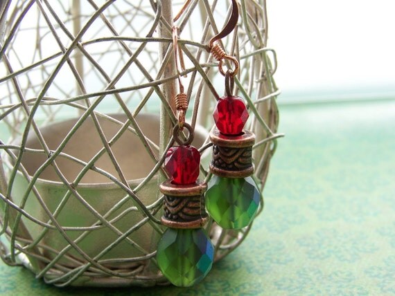 earrings XMAS faceted green and red Czech glass beads on copper - FREE SHIPPING