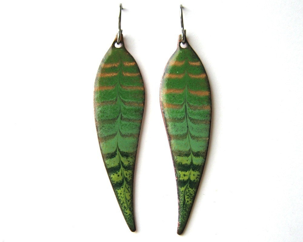 Green leaf earrings - Copper enamel earrings dangle from titanium earring hooks