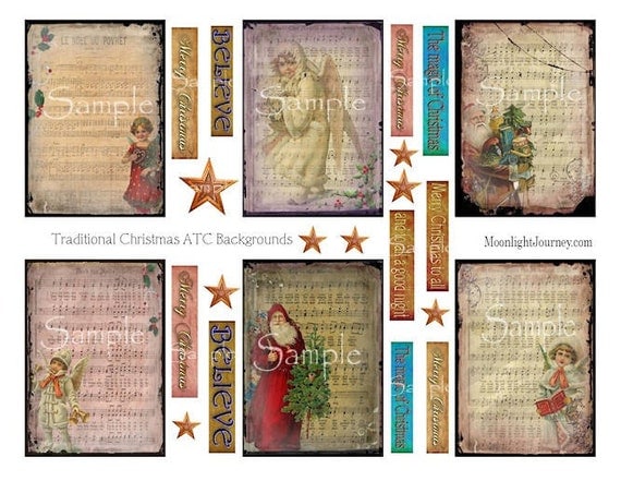TrAdiTiOnaL ChRiStMaS collage sheet santa vintage angel music grungy old worn word strips atc aceo backgrounds