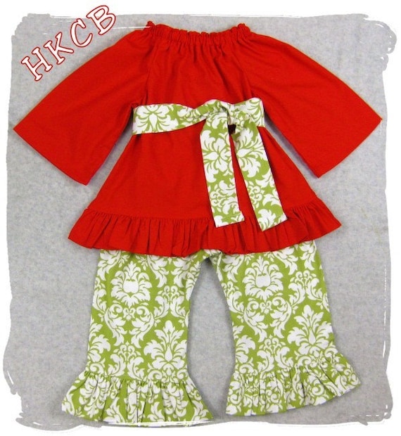 Custom Boutique Clothing Damask Tunic Peasant Dress Top Ruffle Pant Bottom Outfit Set 3 6 9 12 18 24 month size 2T 2 3T 3 4T 4 5T 5 6 7 8