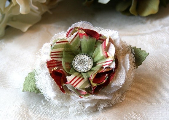 Christmas Hair Barrette Flower Fascinator in Candy Apple Red, Ivory and Light Green