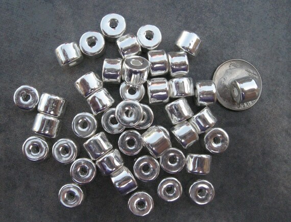 5 SILVER Greek Ceramic 8x7mm Short Tubes Large Holed Metalized