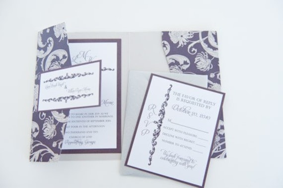 Elegant Eggplant and Silver Custom Pocket Wedding Invitation
