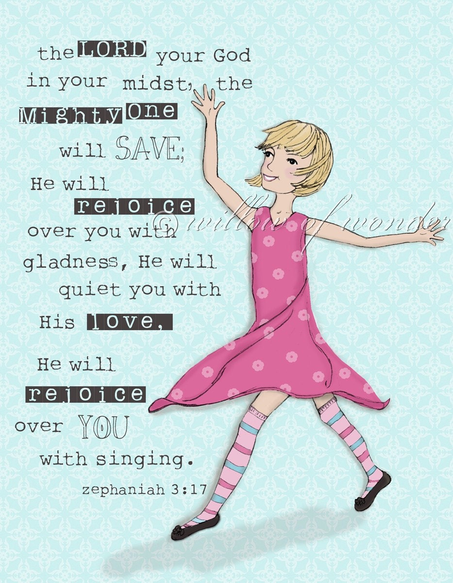Zephaniah Girl - bright pink dress & blond hair - scripture art print