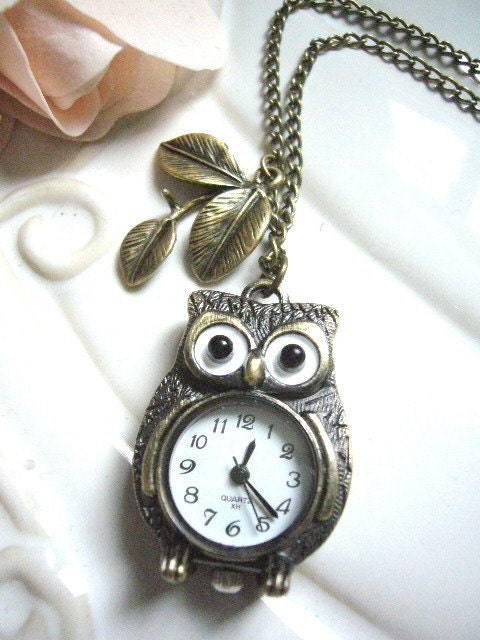 Owl Watch Necklace- Leaf and Hoots