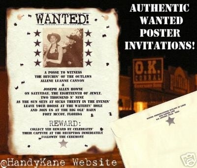 Photo Western Wanted COWBOY Wedding Scroll INVITATIONS From handykane