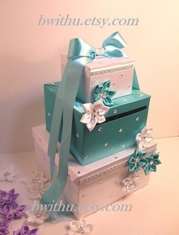 White and Turquoise Wedding Card Box Gift Card Box Money Box 