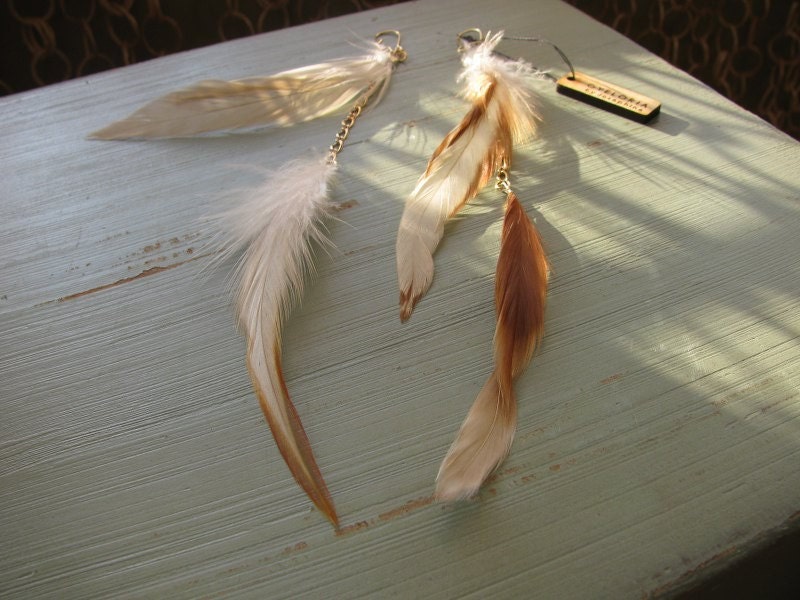 Long feather earrings and chain- Autumn natural colors - Vuela