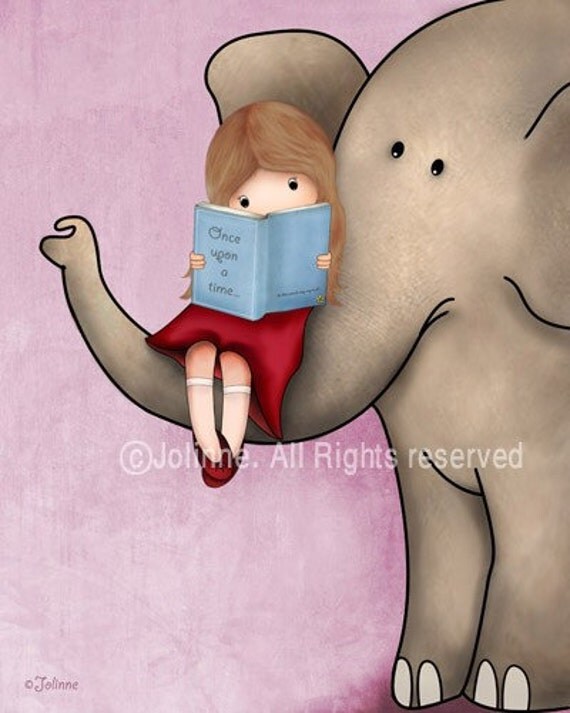 Elephant Nursery decor wall art - girl reading a book on an elephant, children room art print, nursery art prints