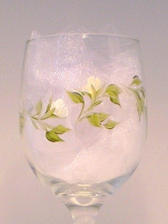 Painted Glasses  - Wine Claret Beverage - Hand Painted Ivory White Rose Buds and Fresh Green Leaves - Set of 4