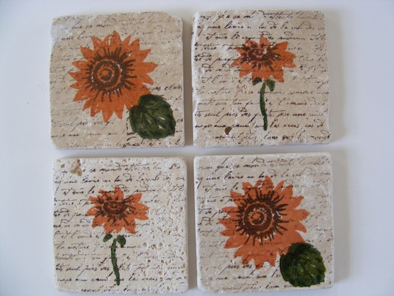 Orange Sunflower Coasters Travertine Tile  - Set of 4 - Perfect for Hot or Cold Beverages and Makes a Great Gift