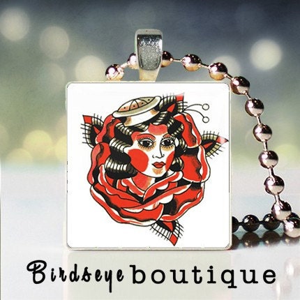 Lady in the Rose old school tattoo scrabble tile pendant