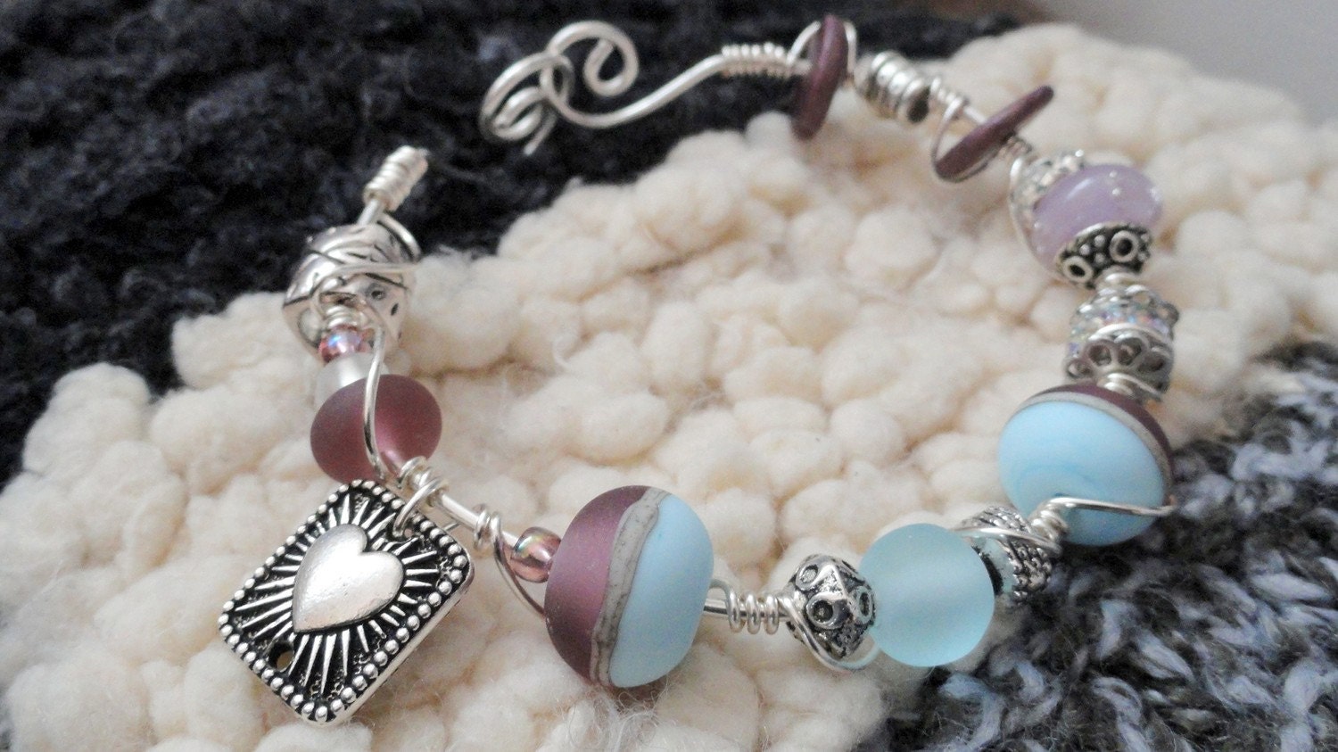 Lavender Clouds Purple and Powder Blue Lampwork Bead Wire Wrapped Bracelet