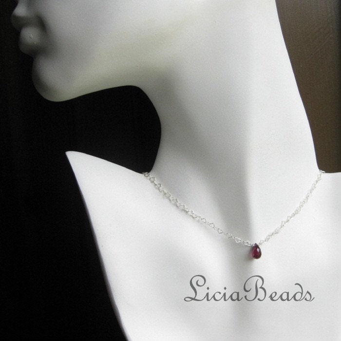 January Birthstone Necklace - Rhodolite Garnet gemstone briolette on sterling heart chain