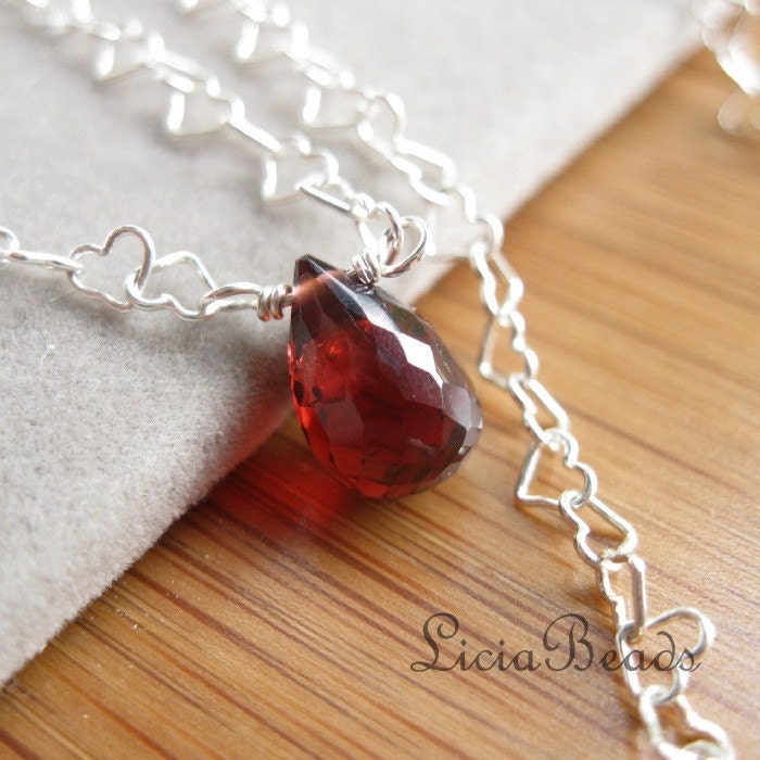 January Birthstone Necklace - Red Garnet gemstone on a dainty sterling silver heart link chain