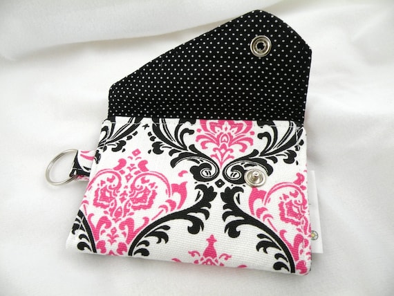 Card Holder-Coin Purse--Hot Pink-White-Black Madison with Snap Flap Closure and Key Ring