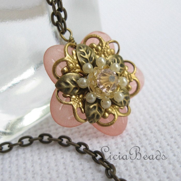 Blush pink flower pendant with gold filigree and a swarovski crystal