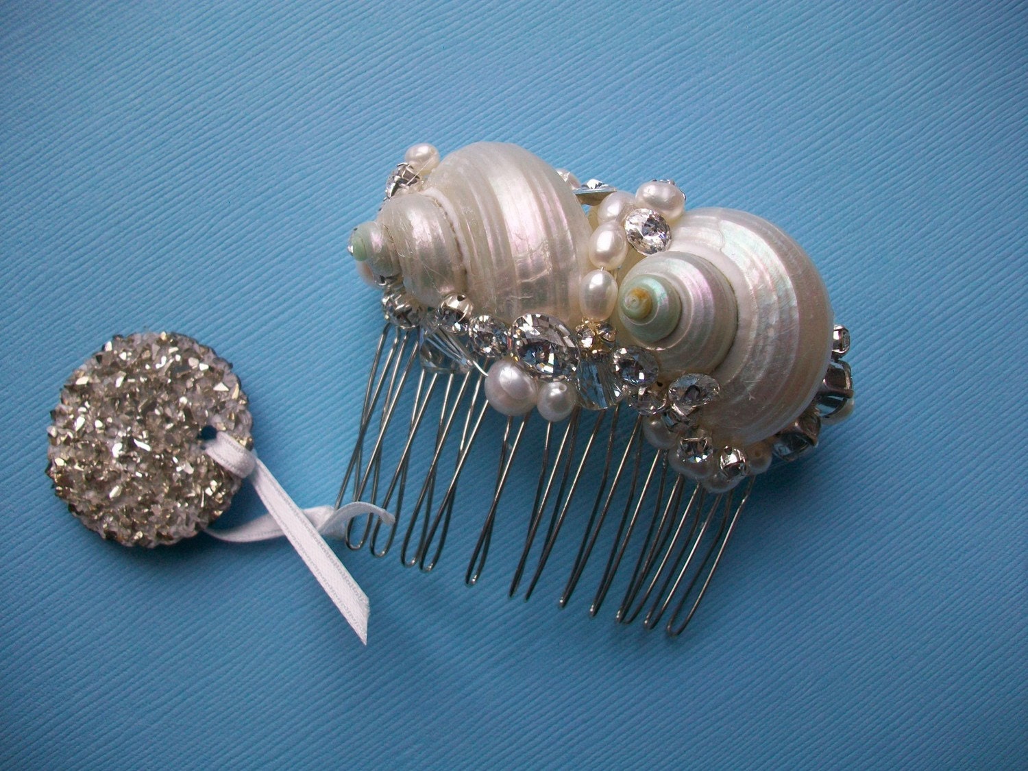 Pearlized Sea Shell Bridal Hair Comb With Swarovski Crystals And Freshwater Pearls