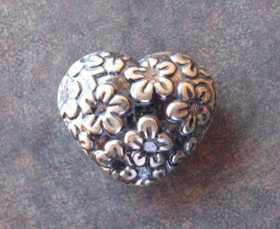 1 Sterling Silver Bali Puffy Heart With Flower Detail Bead - 16.75mm x 14mm