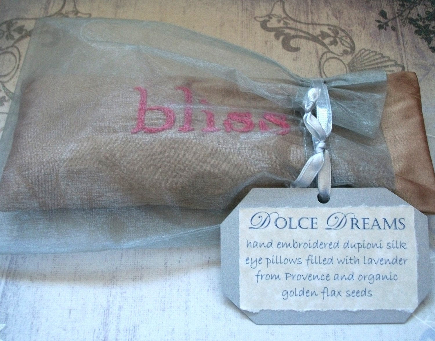 Lavender and Flaxseed Eye Pillow in Dupioni Silk with Hand Embroidery by Dolce Dreams