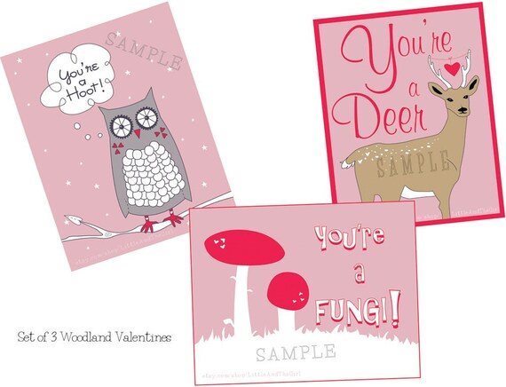Valentine Set:  3 Woodland Printable School Valentines