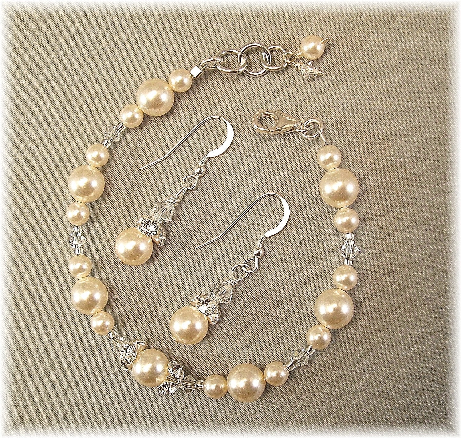 Ivory Pearl and Crystal Bracelet and Earring Sets by Handwired ivory 