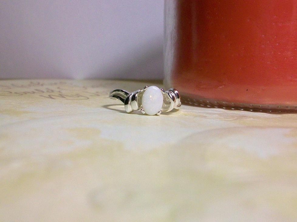 Genuine White Opal Ring Art Deco Sterling Silver Birthstone