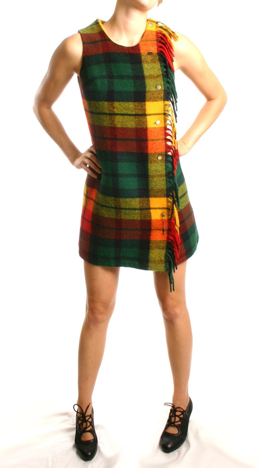 60s Plaid Wool Fringe A Line Mod Mini Dress XS S
