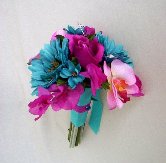 Fuschia Bouquet Boutoniere set Turquoise fuschia wedding flowers