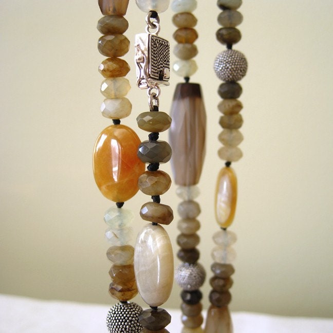 Lace Agate Jasper Long Handstrung Knotted Necklace Silver Clasp