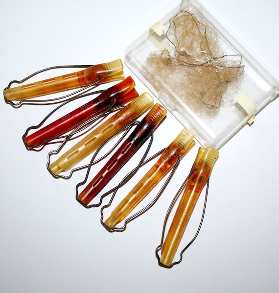 Sale, RARE 1940s Vintage Celluloid lucite GOODY  Hair Curlers claw clamp rollers, Hair Rollers Culers & hair net with box