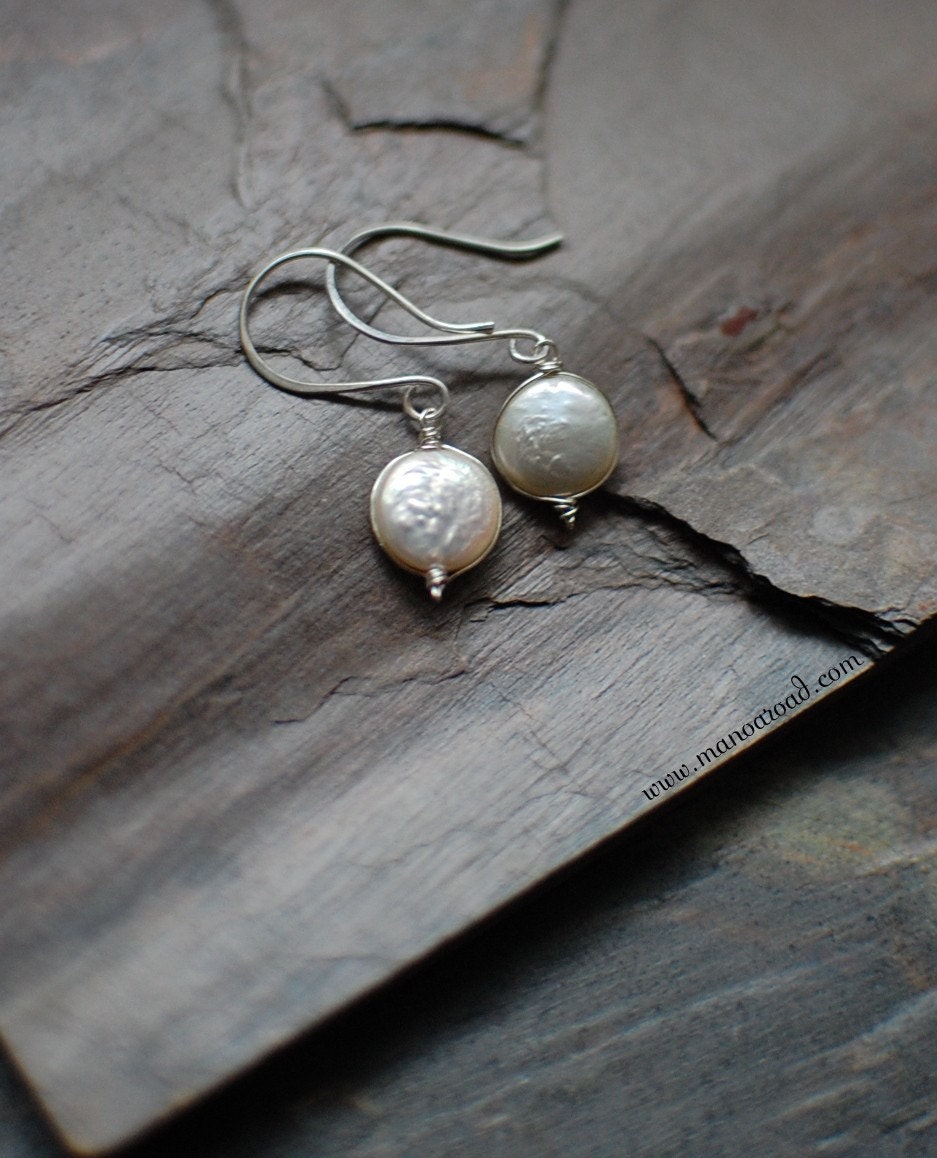 Radiance Earrings - White Coin Pearls, Sterling Silver