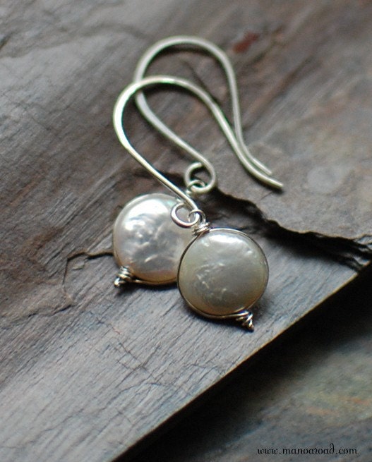 Radiance Earrings - White Coin Pearls, Sterling Silver
