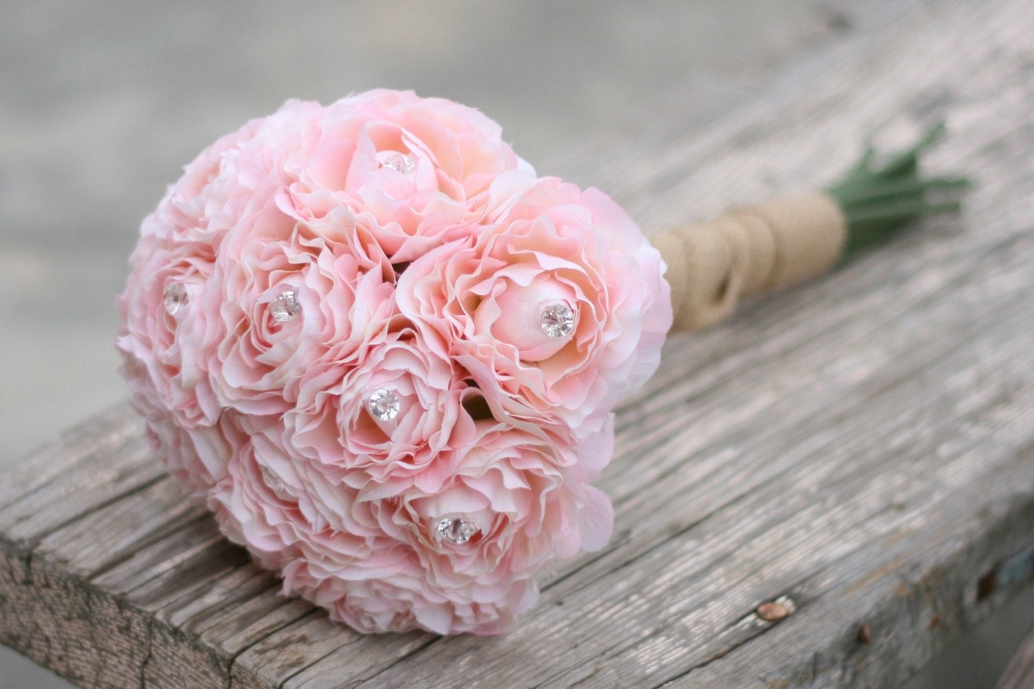 Bride Bouquet Cotton Candy Pink Ranunculus With Diamond Rhinestone Accents Wrapped In Rustic Burlap