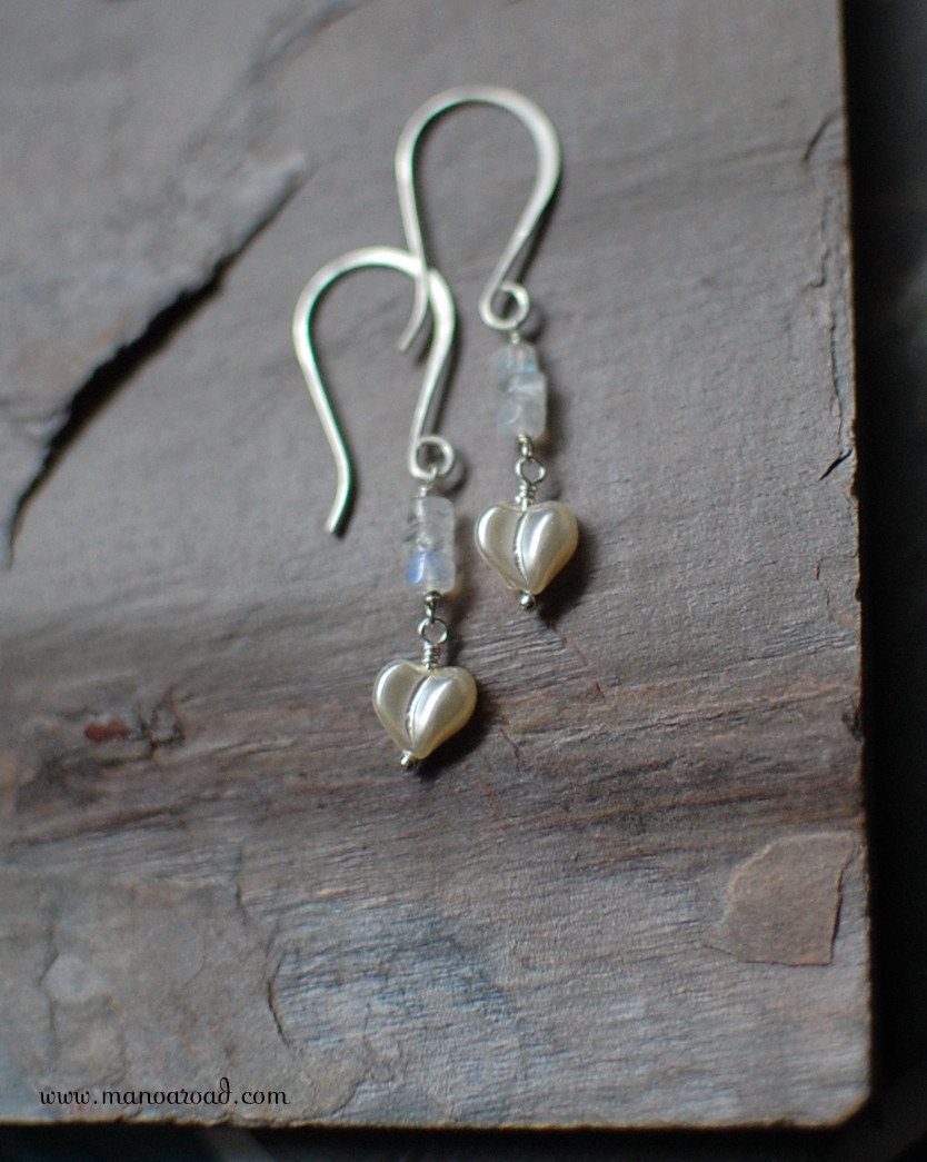 Heart on a String Earrings - Moonstone, Vintage Glass, Sterling Silver