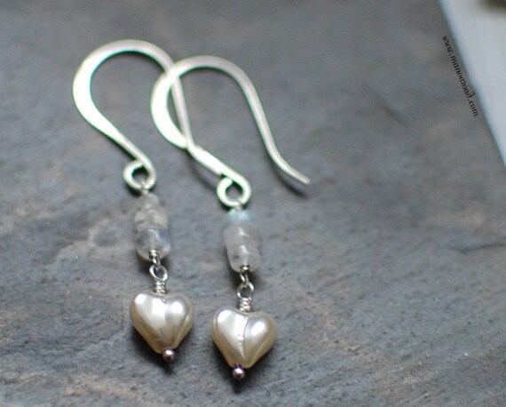 Heart on a String Earrings - Moonstone, Vintage Glass, Sterling Silver