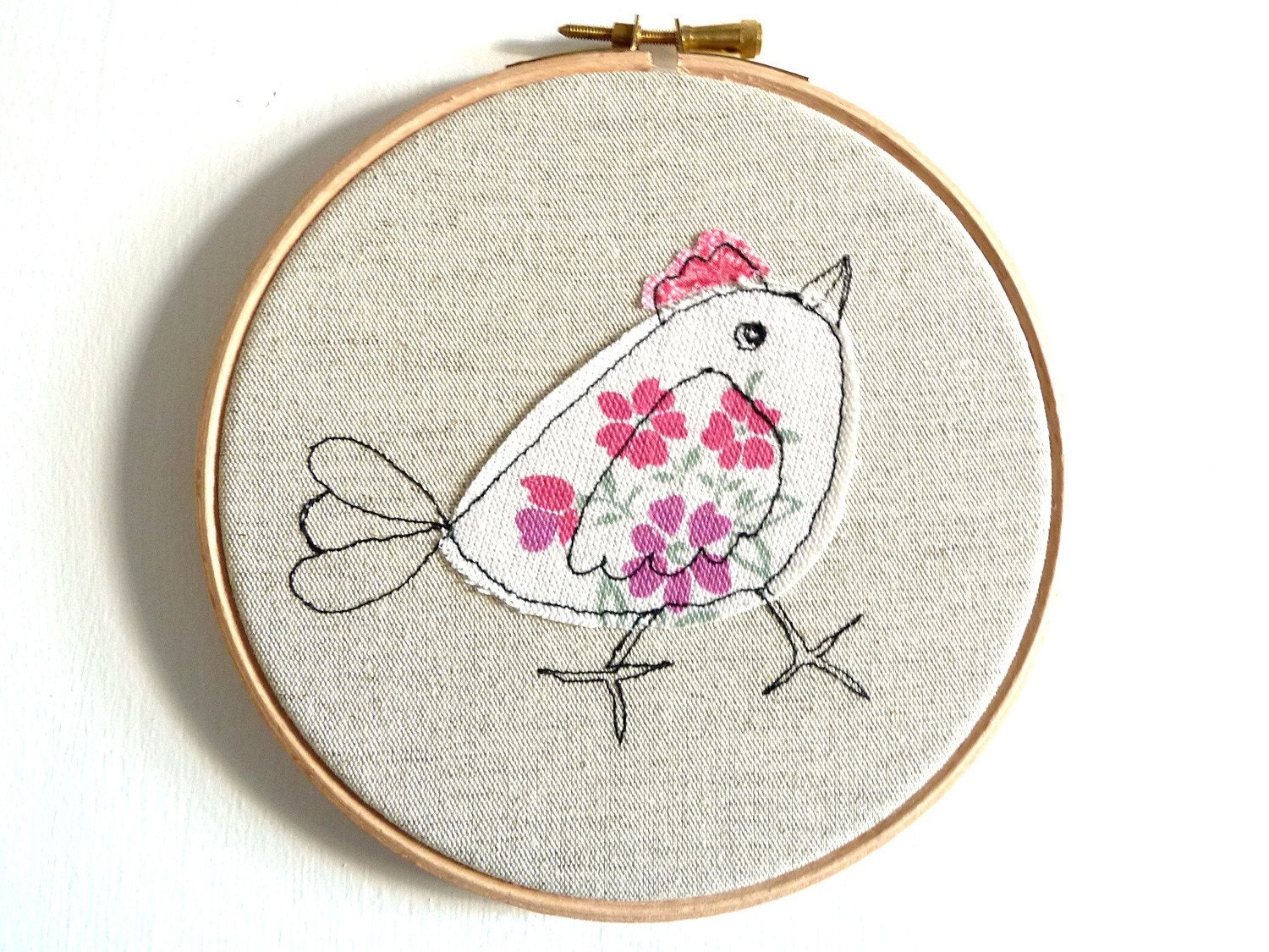 Embroidery Hoop Art - 'Chirpy chick' in pink & white - 6" hoop