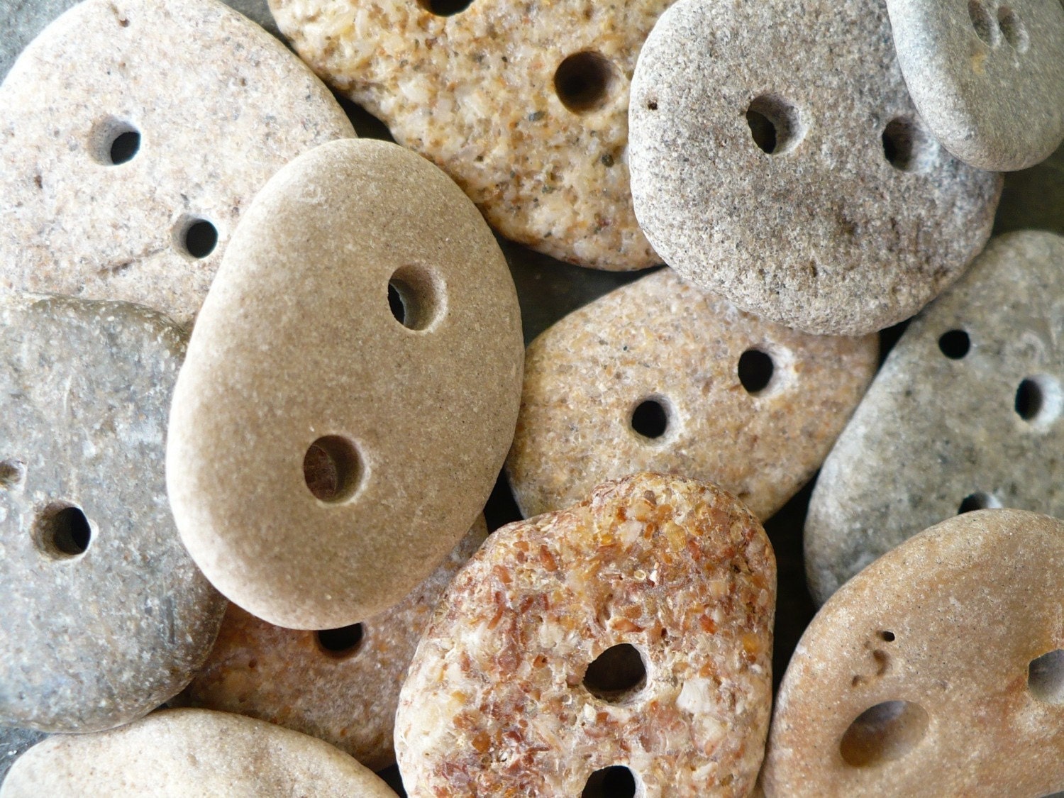 10 BEACH STONE BUTTONS...10 sweet hand drilled beach stones